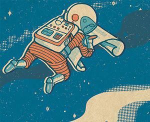 Illustrated astronaut flying through space.