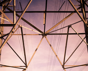 Geometric roof structure at sunset.